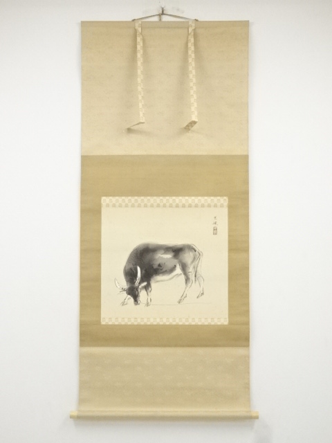 JAPANESE HANGING SCROLL / HAND PAINTED / BULL / BY KOSUI SANO